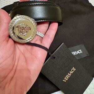 Versace Black Leather Belt with Silver Medallion Buckle